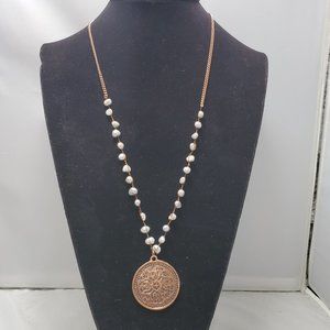 BKE copper brass pendant coin  necklace with baroque pearls
